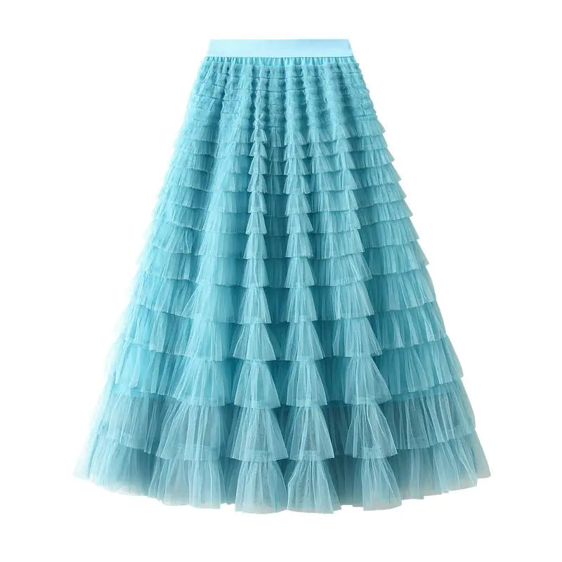 Vireous Solid Colour Ball Gown Long Tiered Skirt