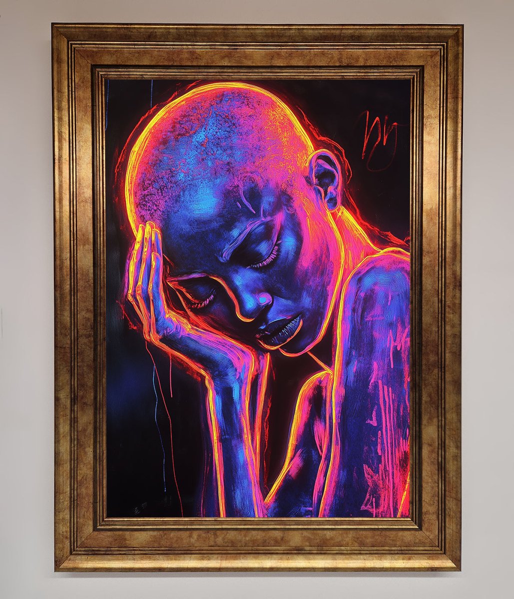 Neon Woman, Hands in Head Framed Print