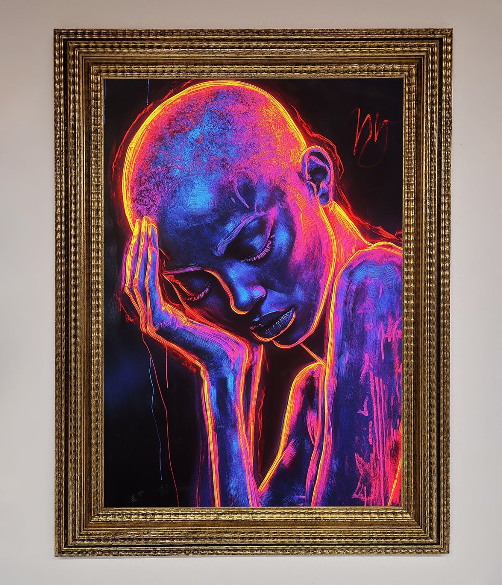 Neon Woman, Hands in Head Framed Print