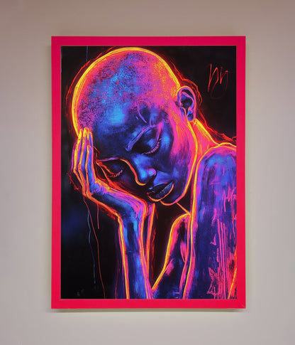 Neon Woman, Hands in Head Framed Print