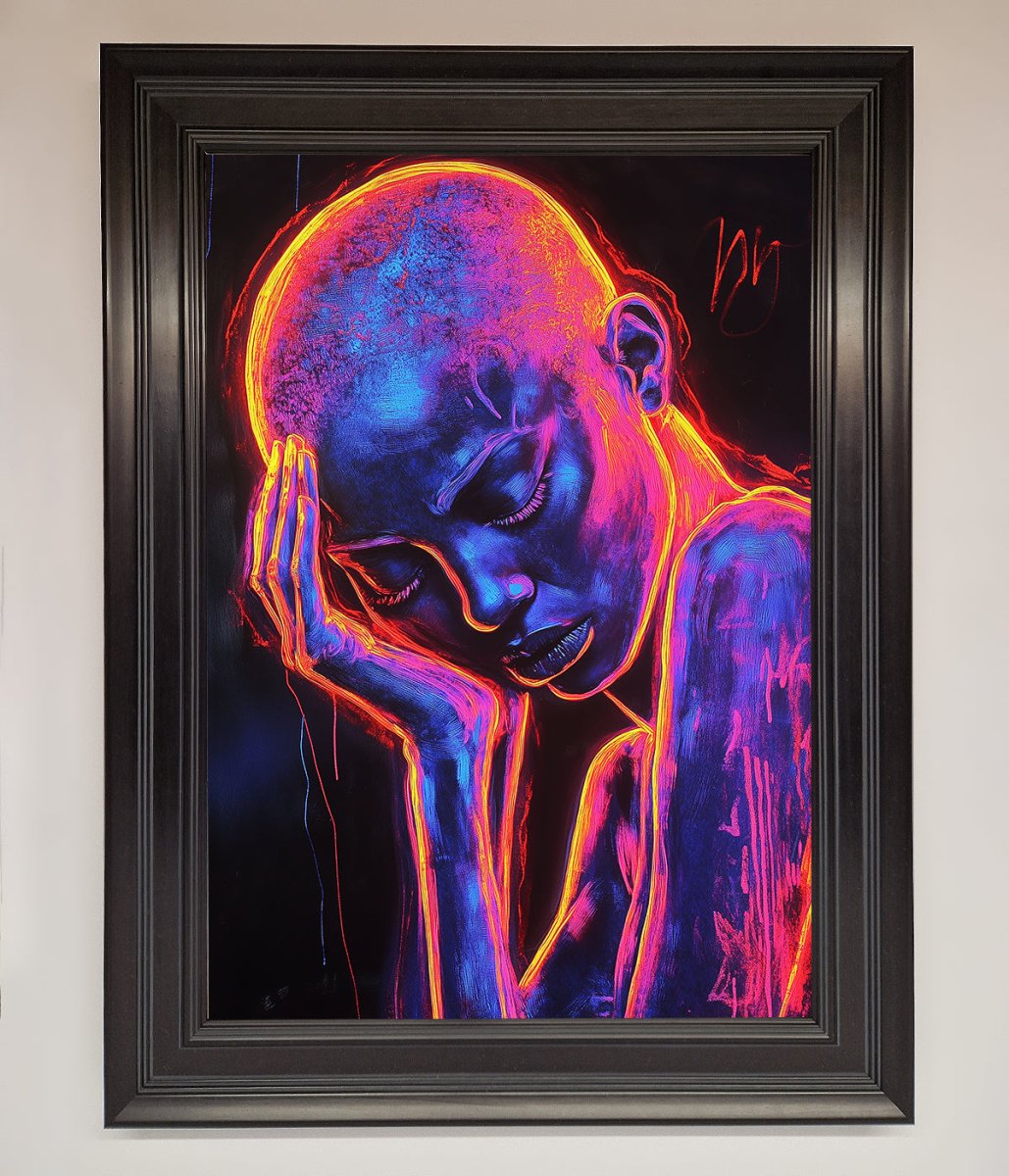 Neon Woman, Hands in Head Framed Print