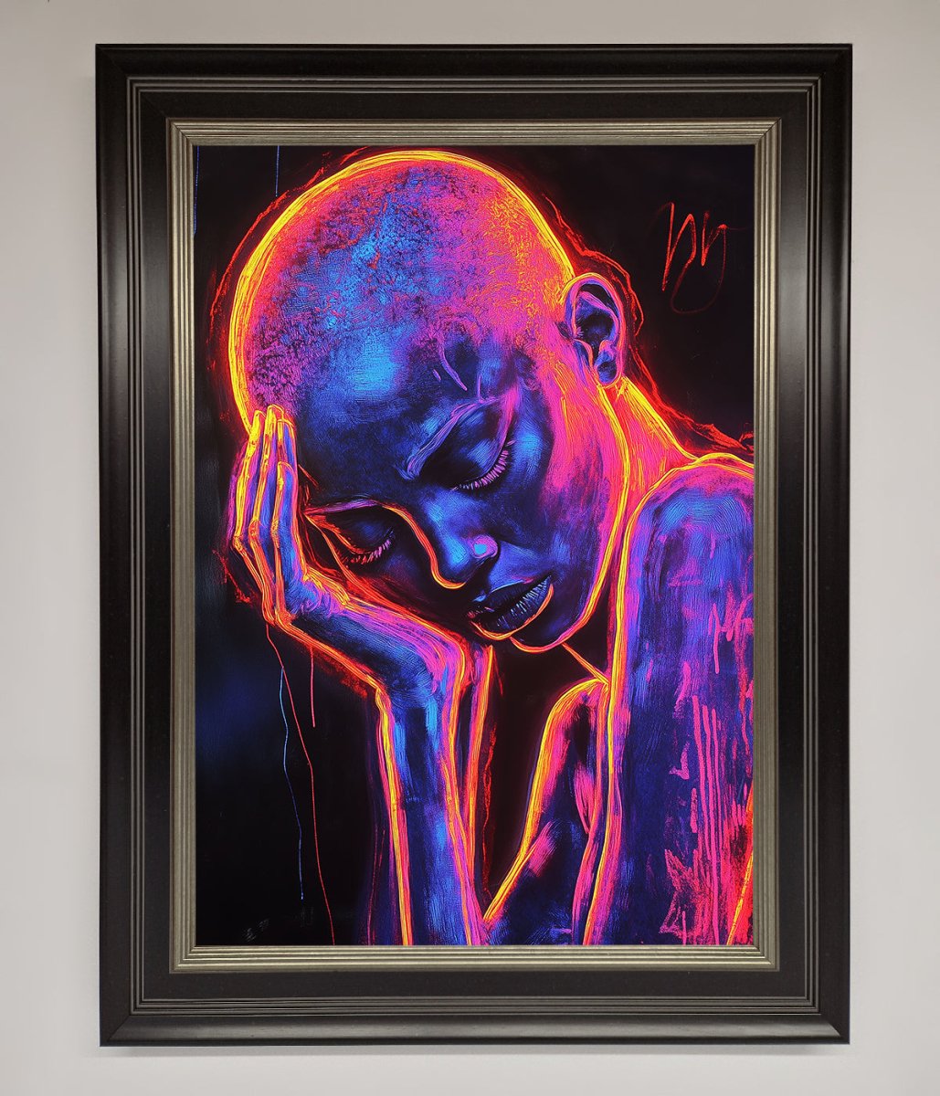 Neon Woman, Hands in Head Framed Print