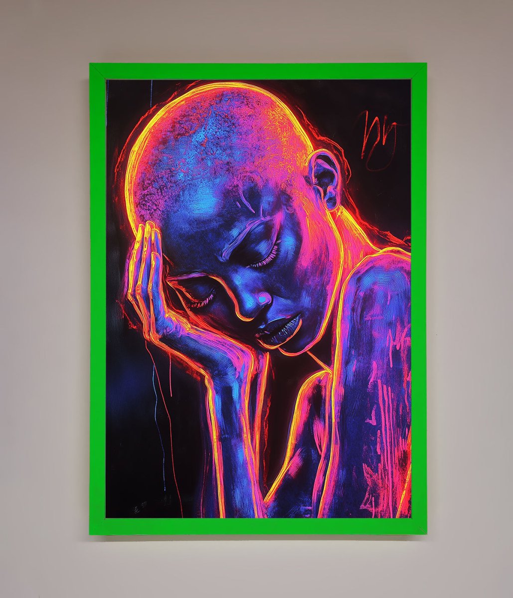 Neon Woman, Hands in Head Framed Print