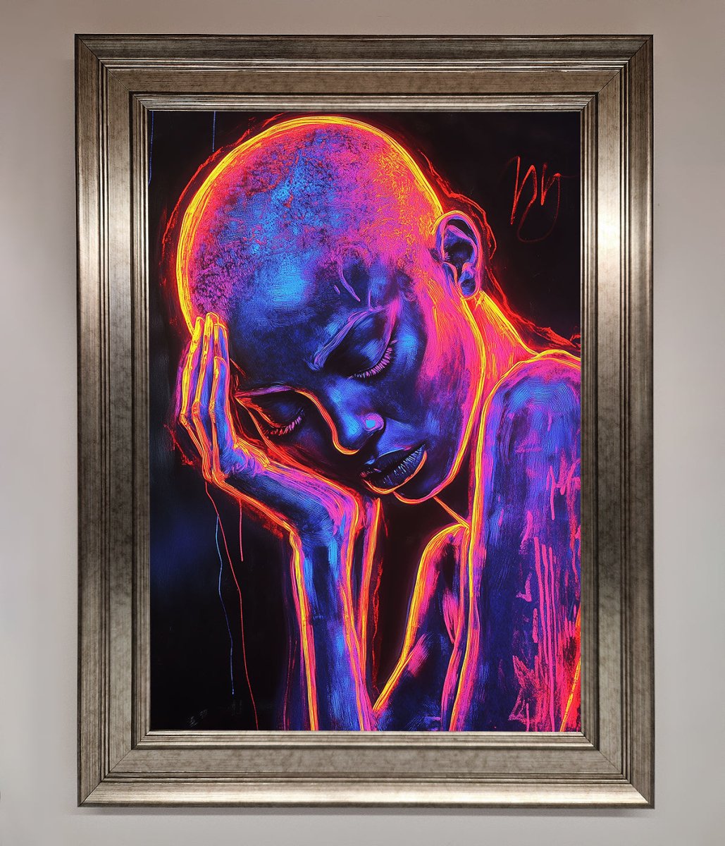 Neon Woman, Hands in Head Framed Print