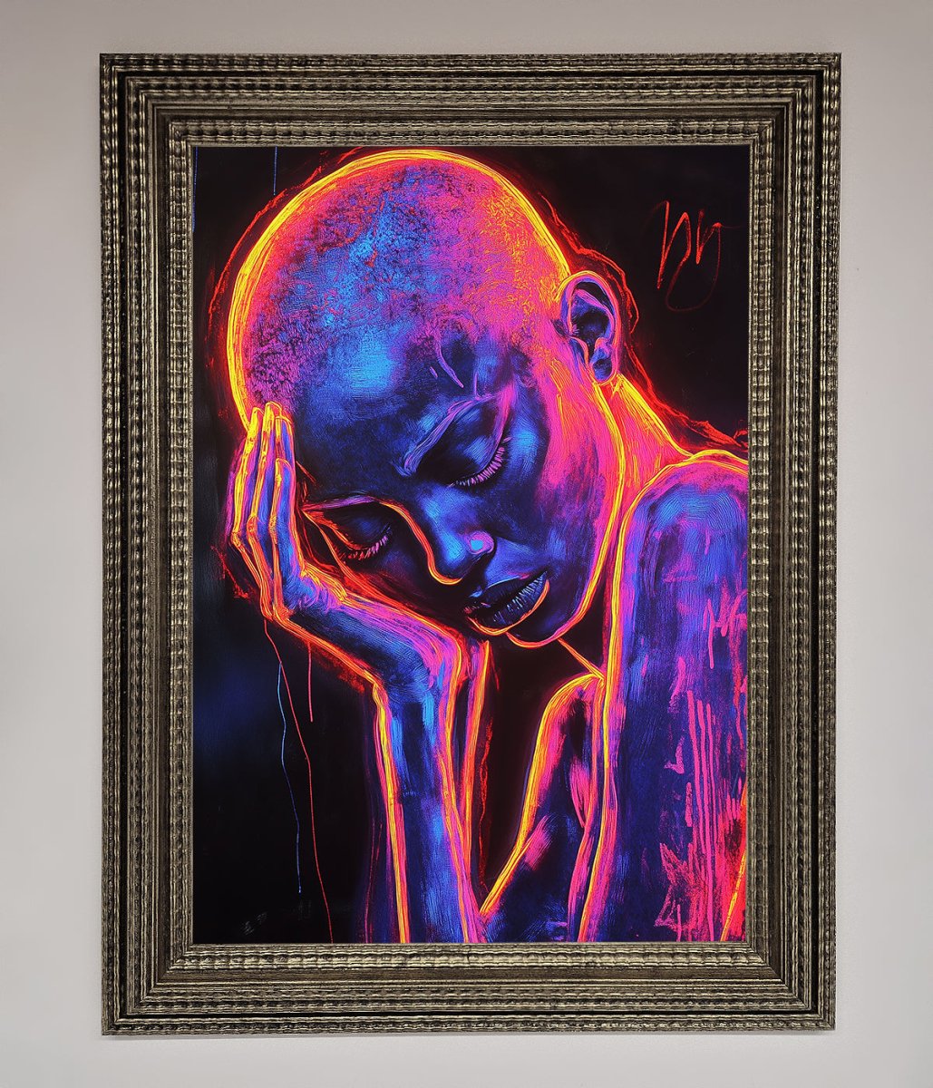 Neon Woman, Hands in Head Framed Print