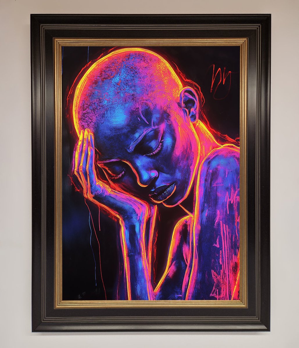 Neon Woman, Hands in Head Framed Print