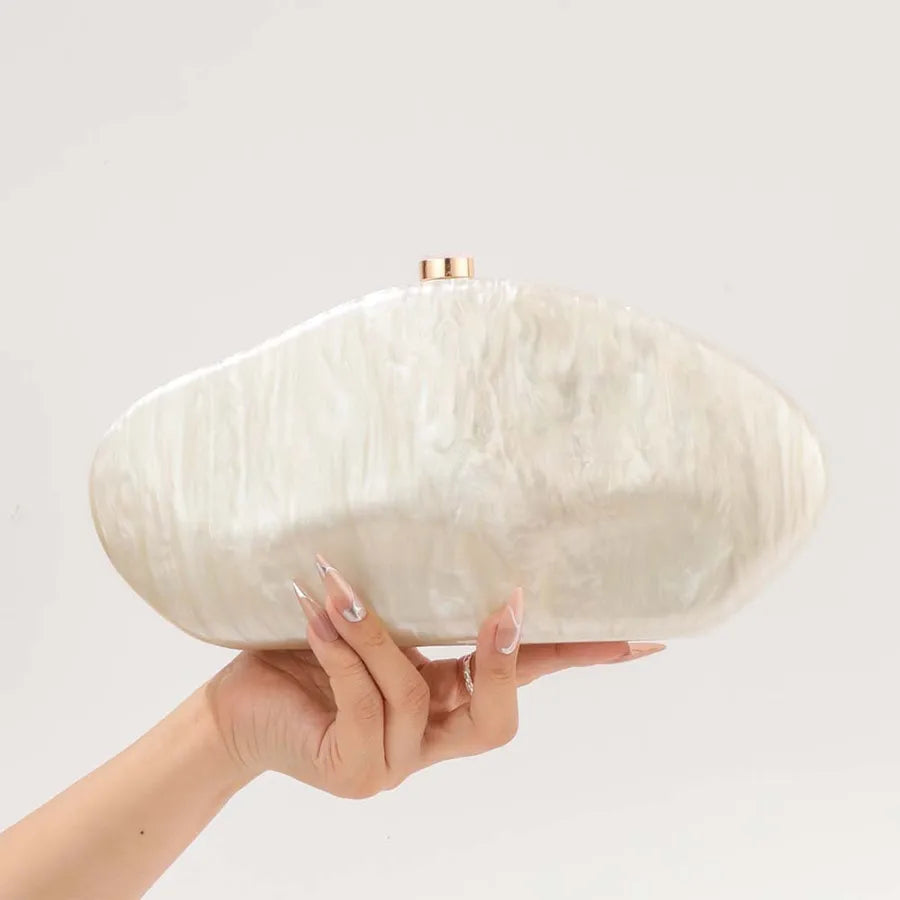 Organic-Shape Pearlescent Hard Shell Dinner Bag with Clasp Closure