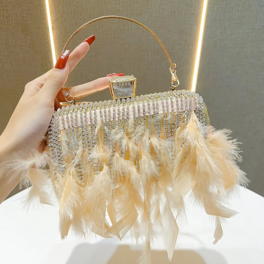 Rhinestone Tassel Feather-Trimmed Clutch Bag