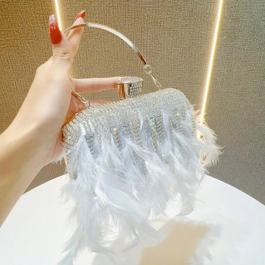 Rhinestone Tassel Feather-Trimmed Clutch Bag