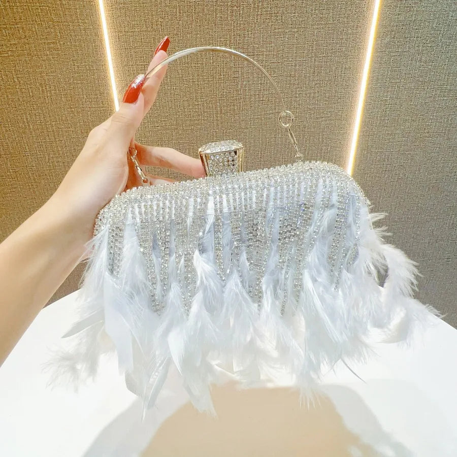 Rhinestone Tassel Feather-Trimmed Clutch Bag