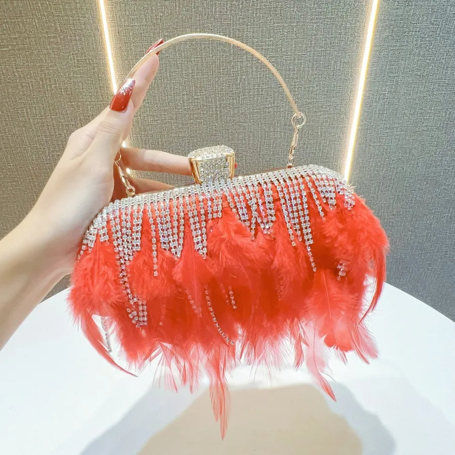 Rhinestone Tassel Feather-Trimmed Clutch Bag