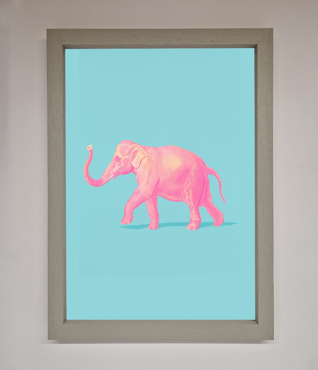 Pink Elephant on Blue Framed Print