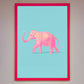Pink Elephant on Blue Framed Print