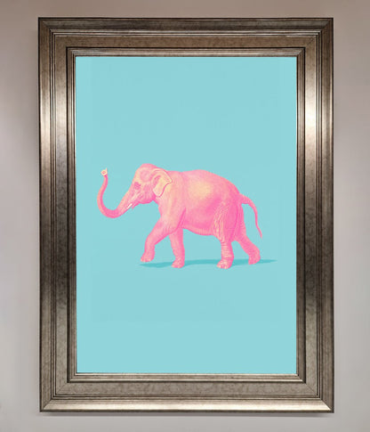 Pink Elephant on Blue Framed Print