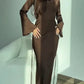 Vireous Elegant Satin Evening Party Dress, Bell Sleeves