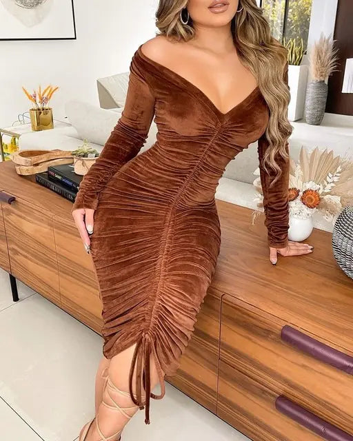 Rich Velvet Drawstring Off Shoulder Midi Dress