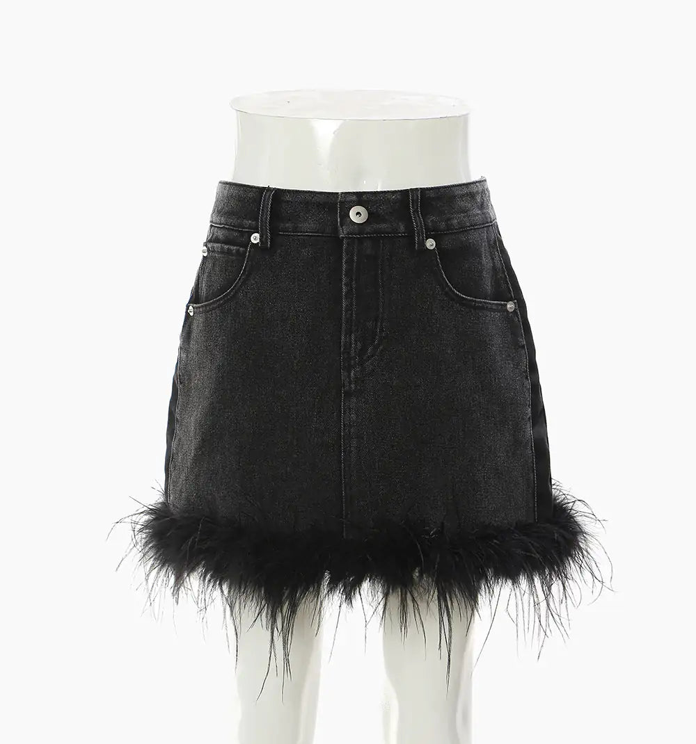 Vireous Feather Trim Black Denim Skirt