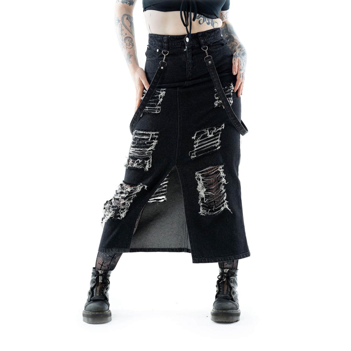 Vixxsin Runa Distressed Denim Maxi Skirt in Black Stonewash