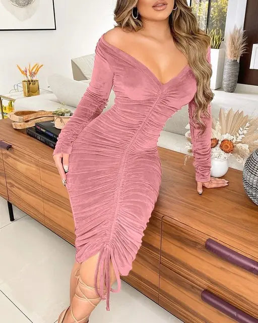 Rich Velvet Drawstring Off Shoulder Midi Dress