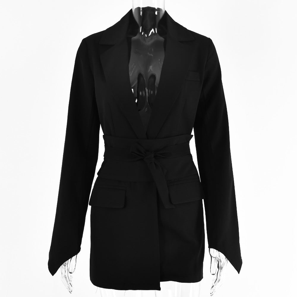 Vireous Women's Casual Long Sleeve Tie-Up Belted Suit Jacket