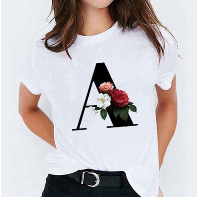 Choose Your Initial! 26 Letter Printed Women's T-Shirts