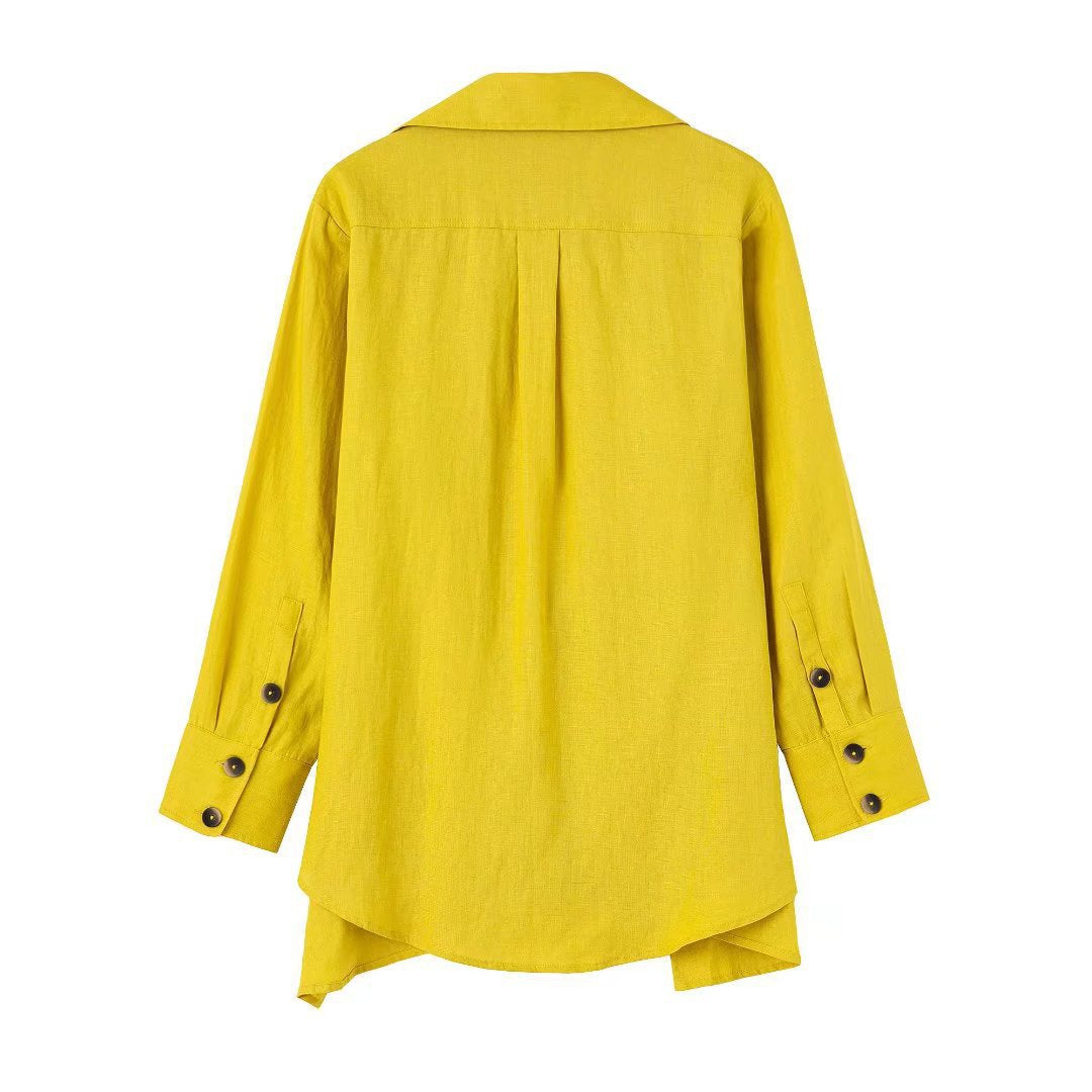 Vireous Vivid Yellow Linen Dress Shirt and Casual Pants Suit