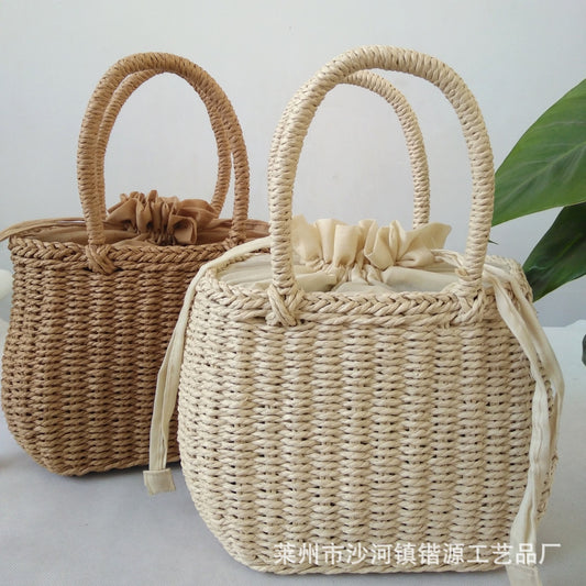 Straw Braided Drawstring Handbag Travel Semi-Formal Beach Bag