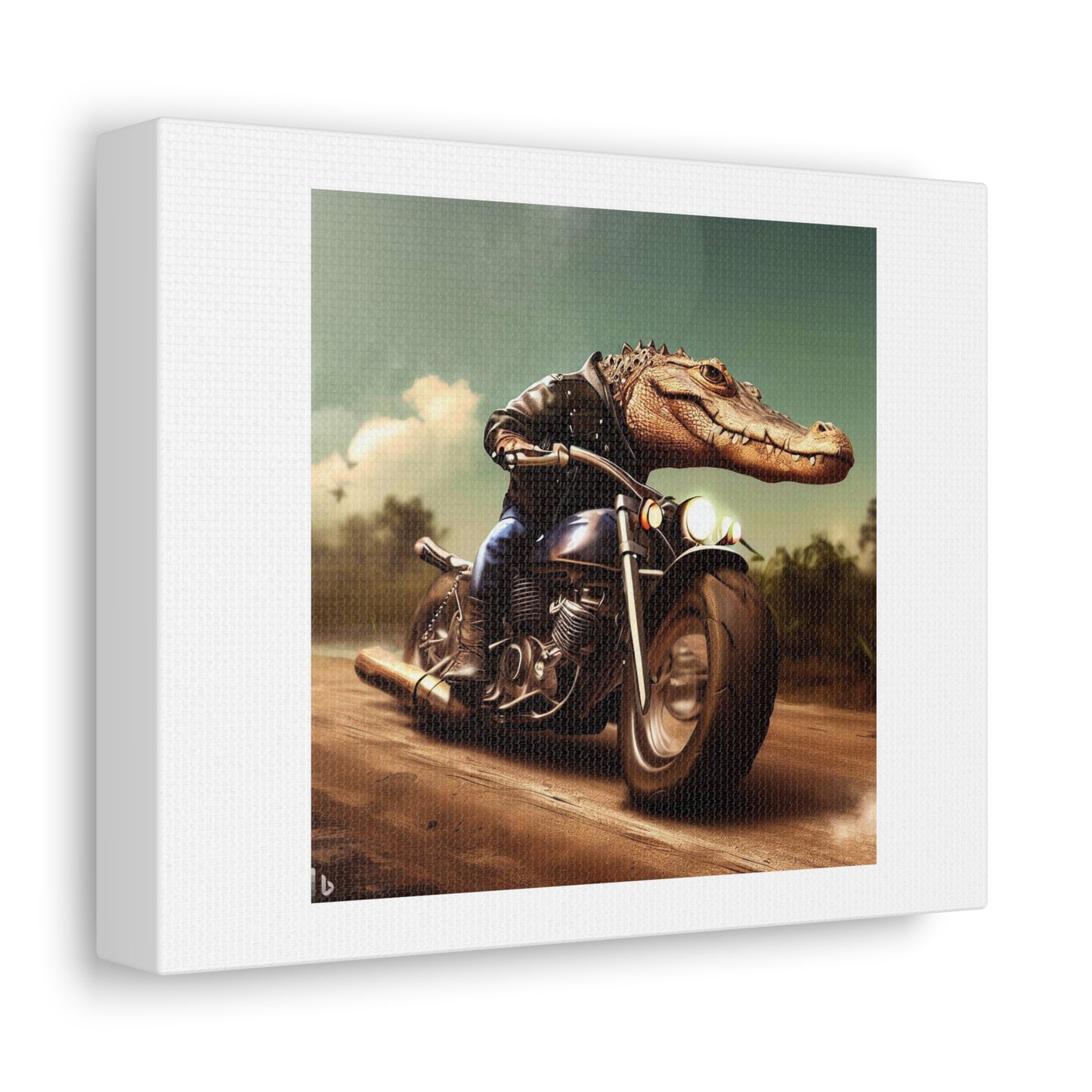 Alligator Biker Guy digital art 'Designed by AI' on Satin Canvas