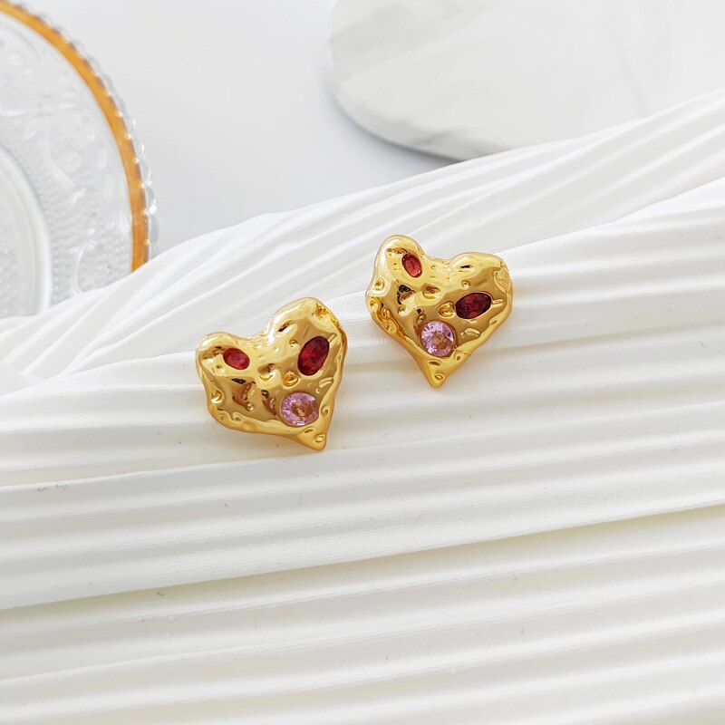 Irregular Heart Colourful Zircon Stud Earrings