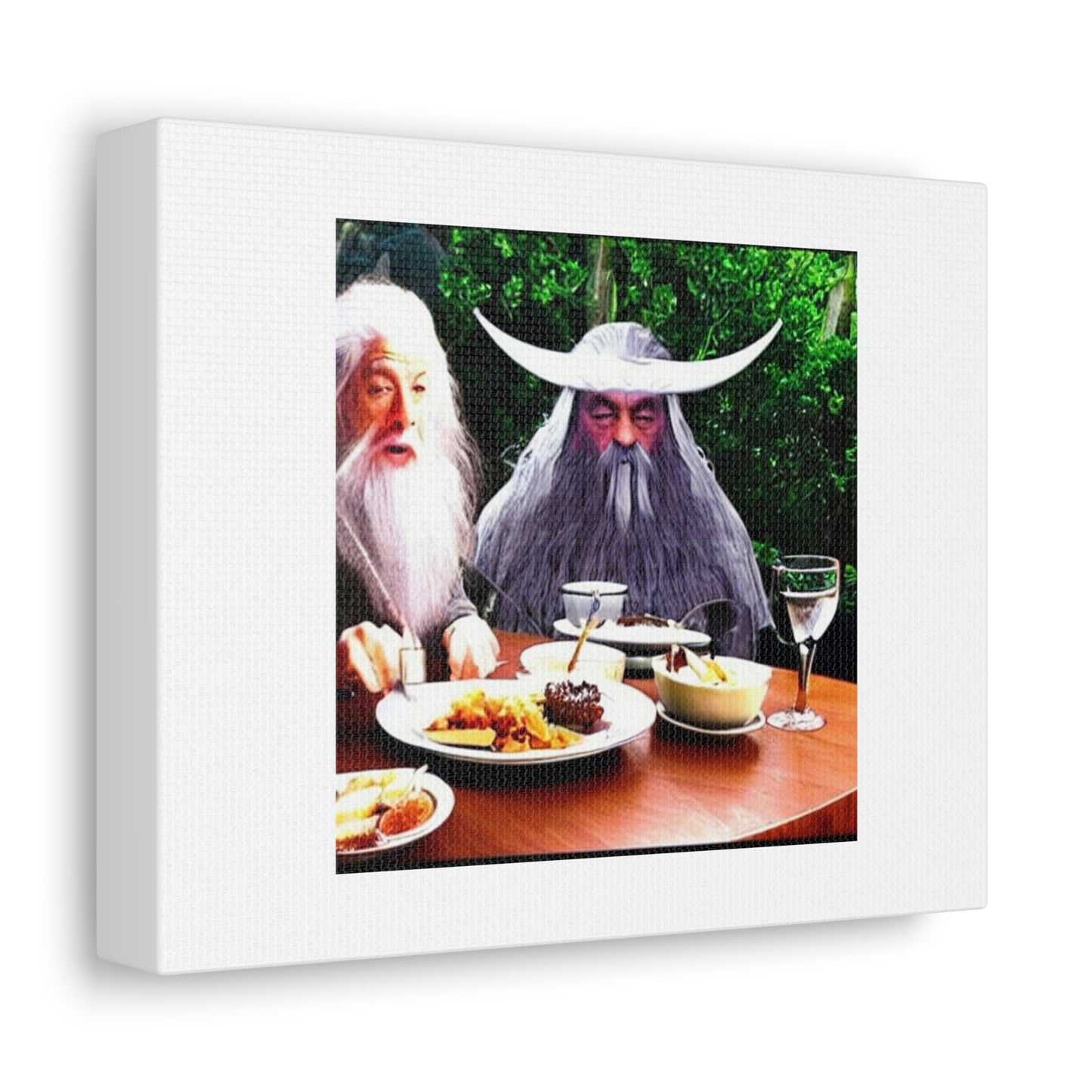 Gandalf Eating At A Picnic Table Digital Art 'Designed by AI' on Satin Canvas