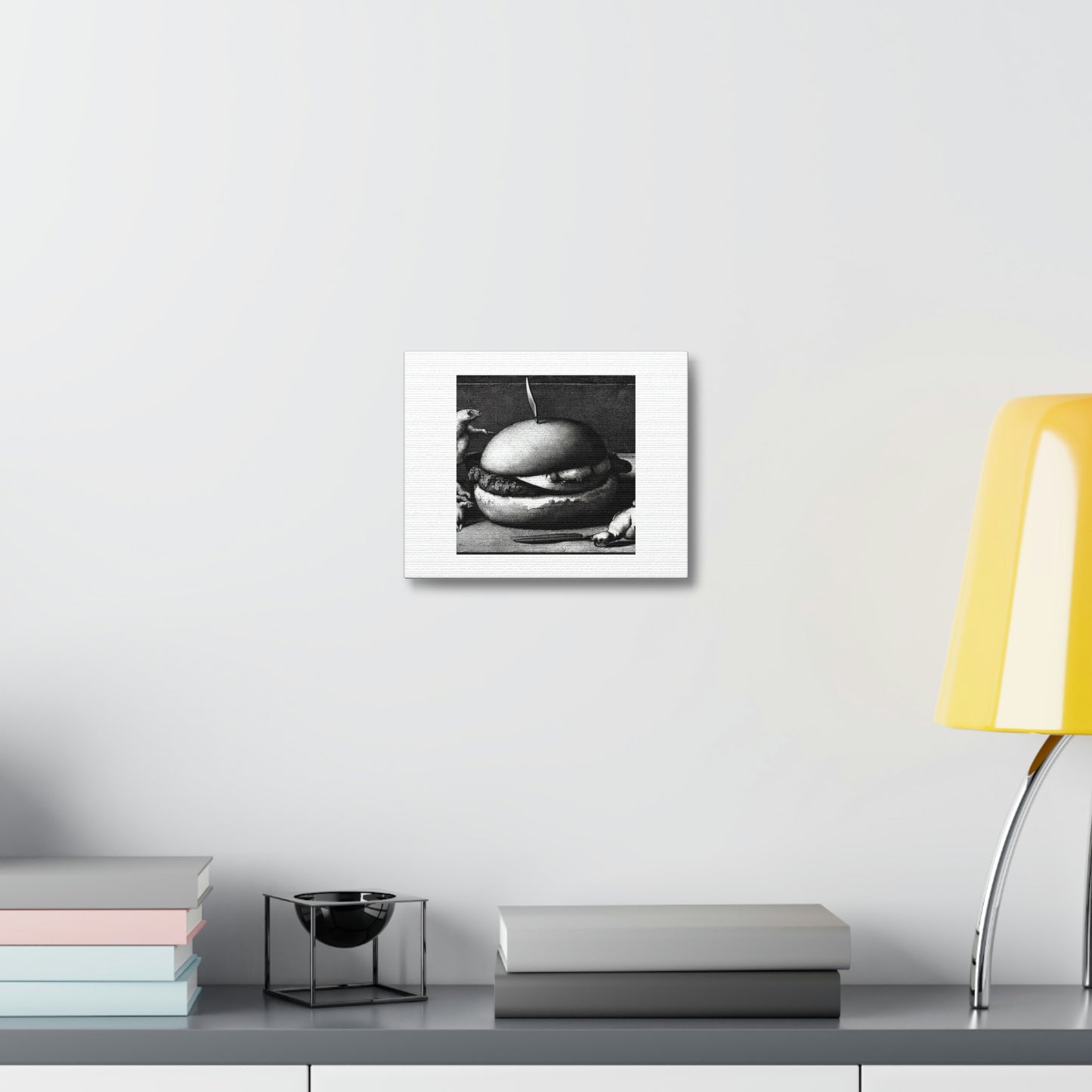 Loose Burger With Mouse Still Life 'Designed by AI' on Satin Canvas, Stretched