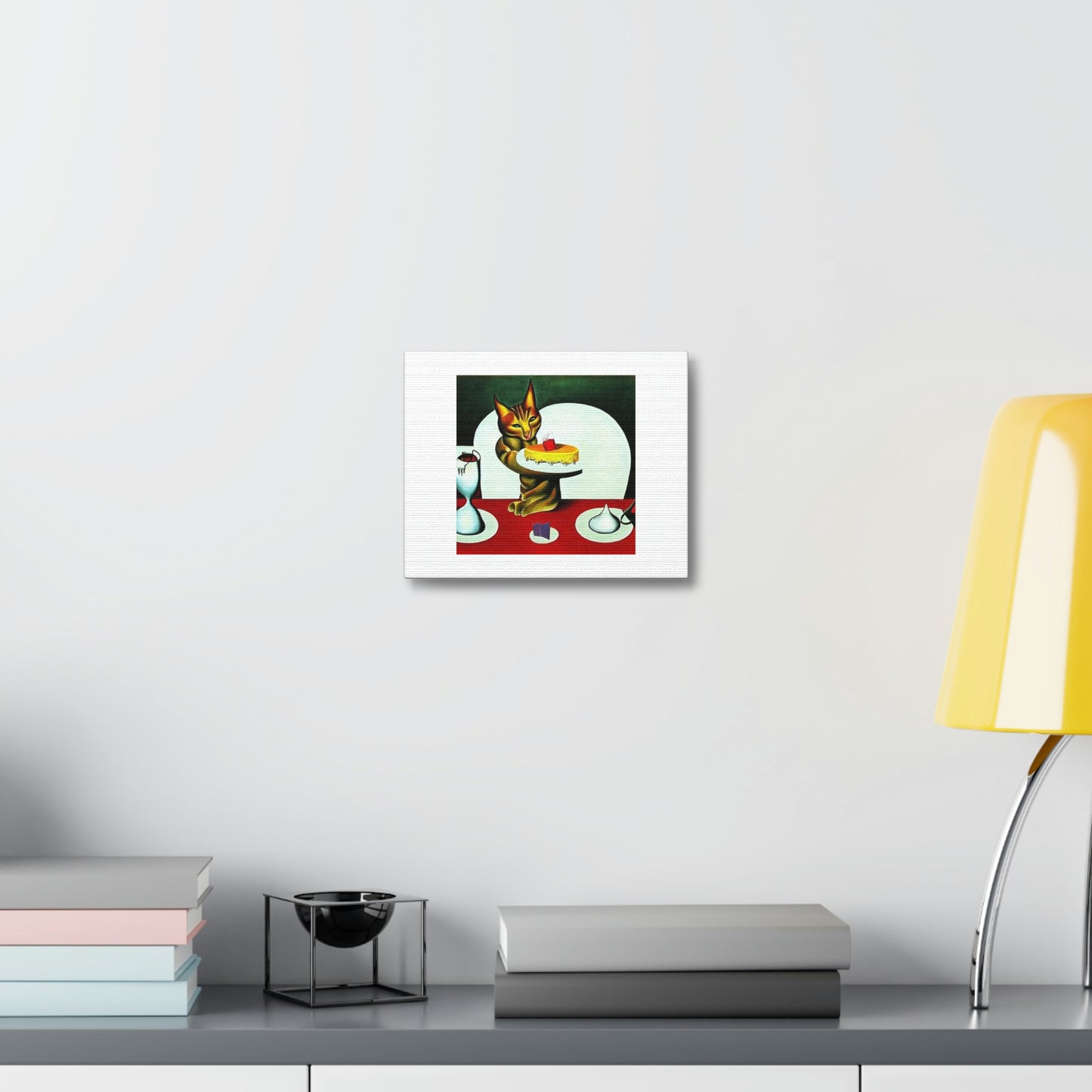 Cat Eating Cake Digital Art 'Designed by AI' on Satin Canvas, Stretched