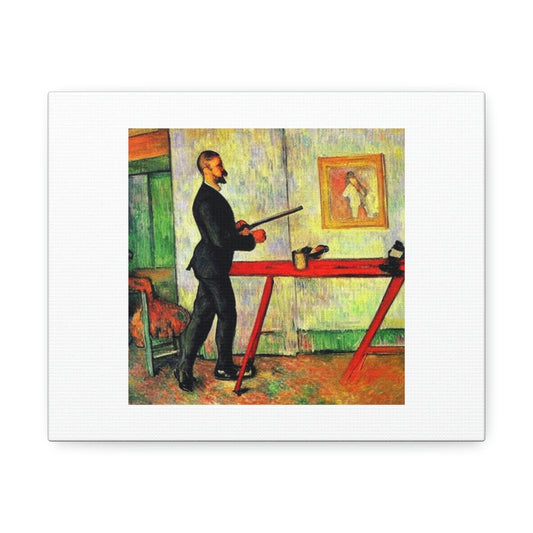 Blonde In Red Dress Guy Working At Table Digital Art 'Designed by AI' on Canvas