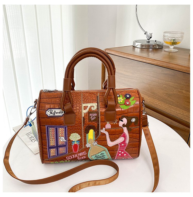 Cross Body Patchwork Embroidered Tablet-Friendly Boston Bag