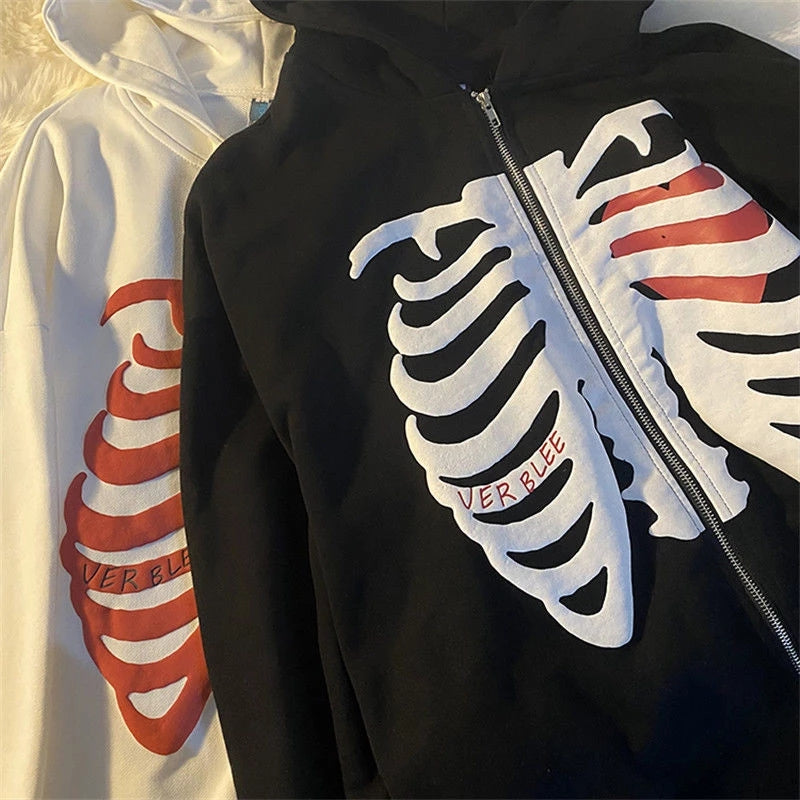 Skeleton Print Unisex Full Zip Hoodie