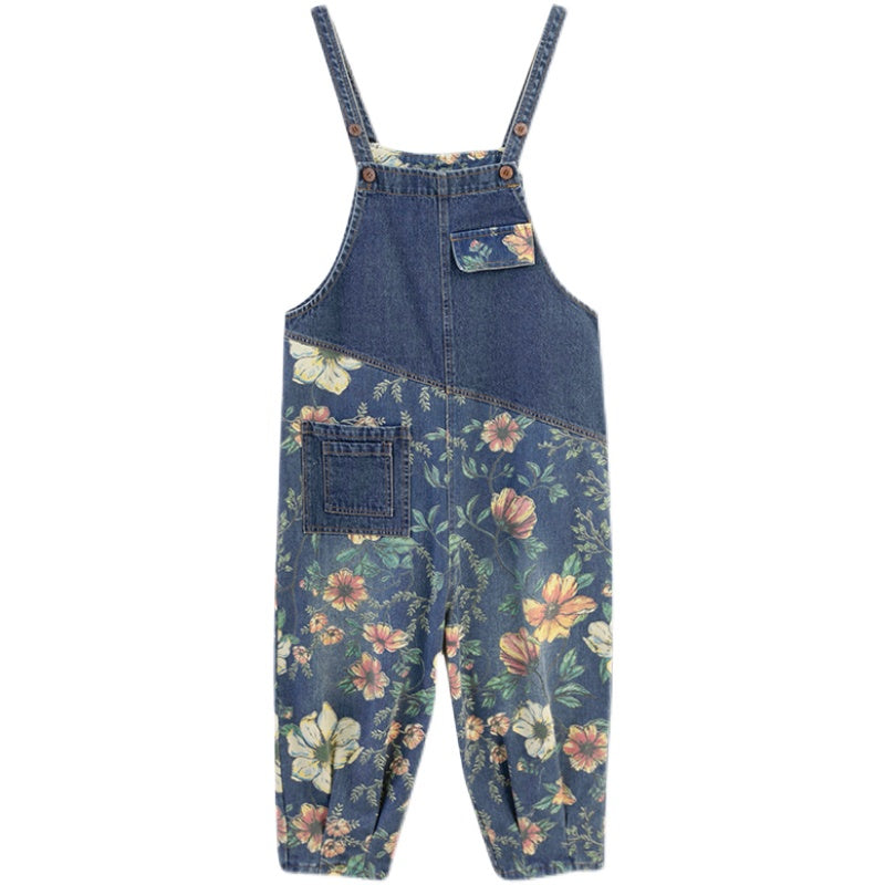 Vireous Patchwork Floral Denim Jumpsuit