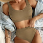 Vireous Solid Colour Multi Colour Small Pit Strip U-Neck Bikini Resortwear