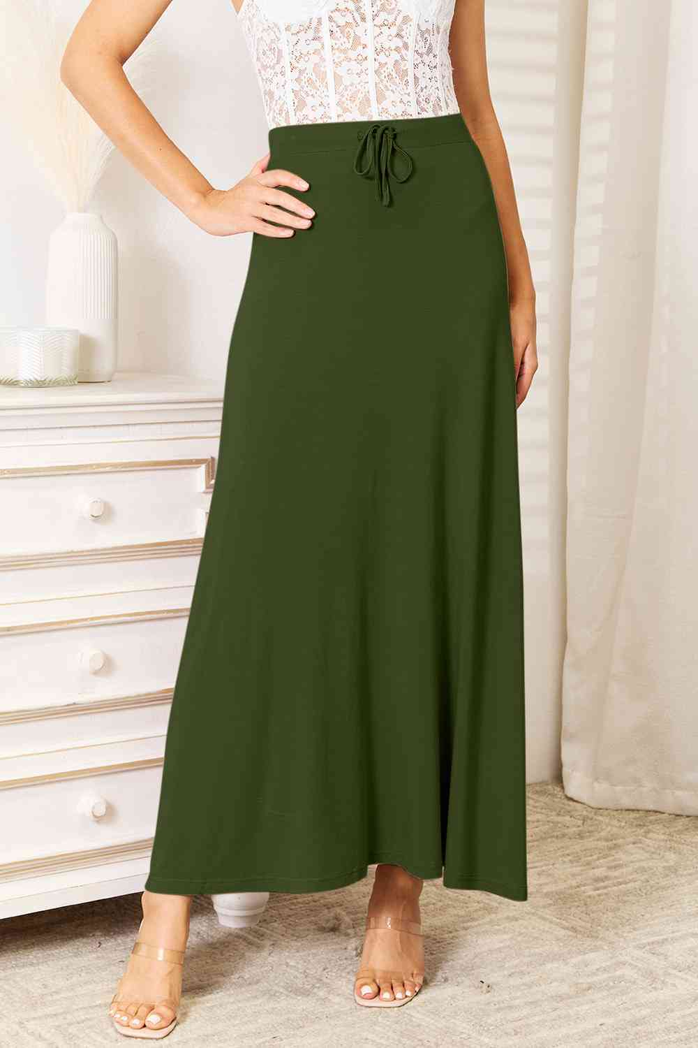 Vireous Full Size Soft Rayon Drawstring Waist Maxi Skirt