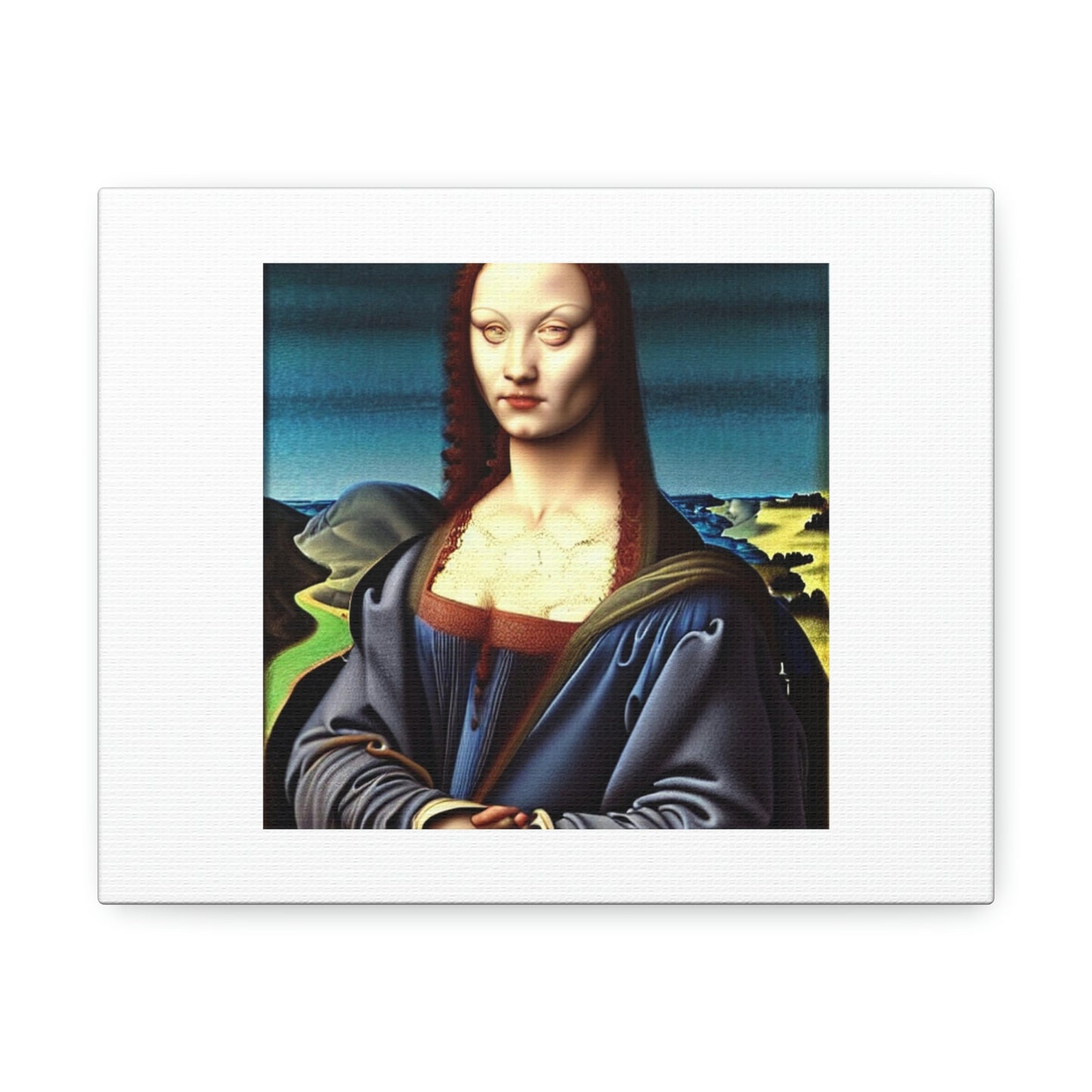 Blue Androgynous Reptilian Alien As Mona Lisa On Canvas 'Designed by AI'