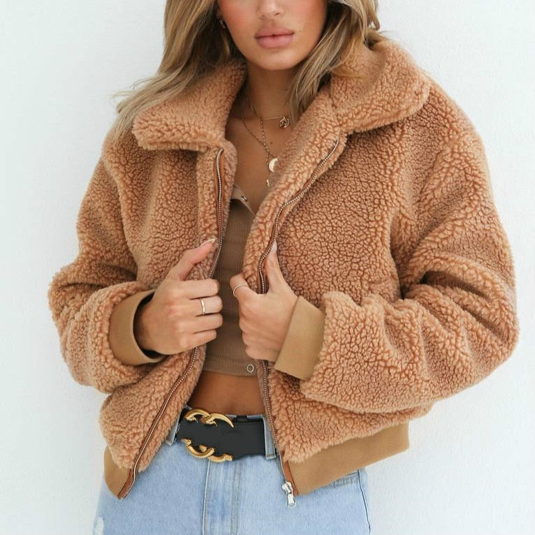 Vireous Camel Fleece Women's Bomber-Style Jacket