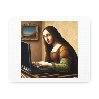 Photorealistic Painting Of Mona Lisa Working On A Laptop Digital Art 'Designed by AI' on Satin Canvas