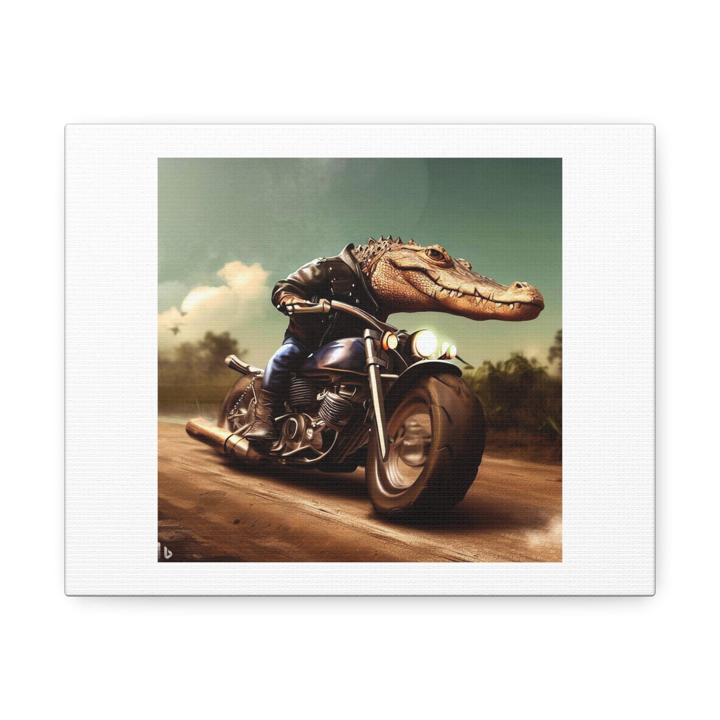 Alligator Biker Guy digital art 'Designed by AI' on Satin Canvas