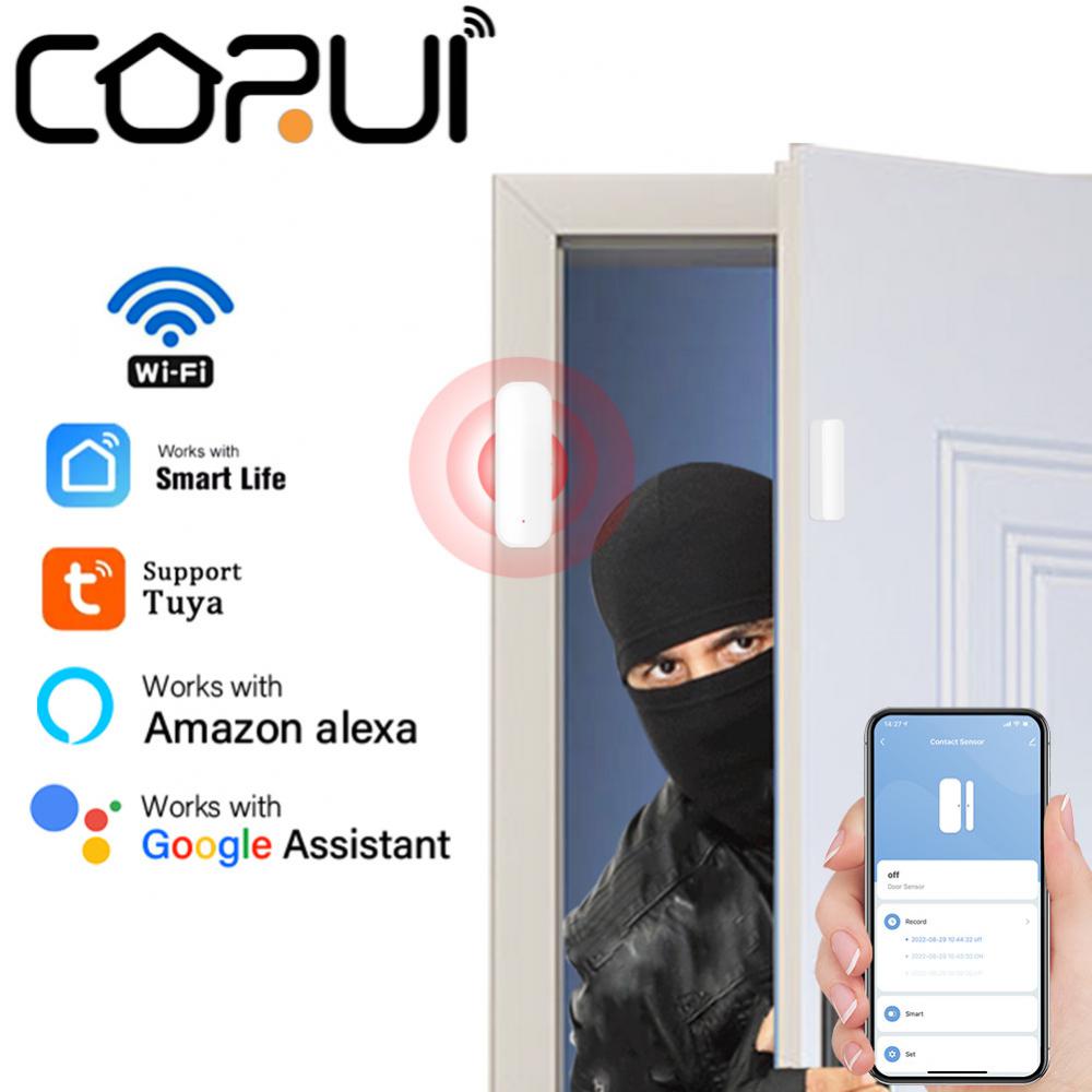 Corui Tuya Smart Door Window Sensor WiFi Door Magnetic Alarm Detector Wireless Smart Home Automation For Smart Life App Alexa