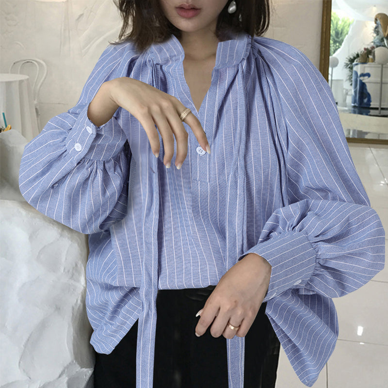 Vireous Women's Stand Collar Blouse with Bow and Lantern Sleeves