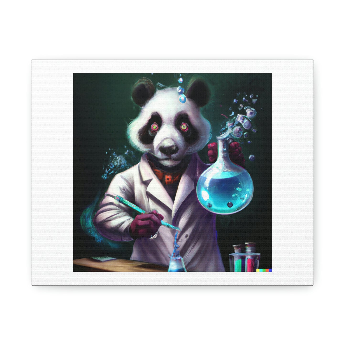 Panda Mad Scientist Mixing Sparkling Chemicals, digital art 'Designed by AI' on Canvas