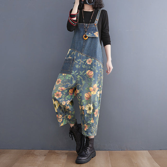 Vireous Patchwork Floral Denim Jumpsuit