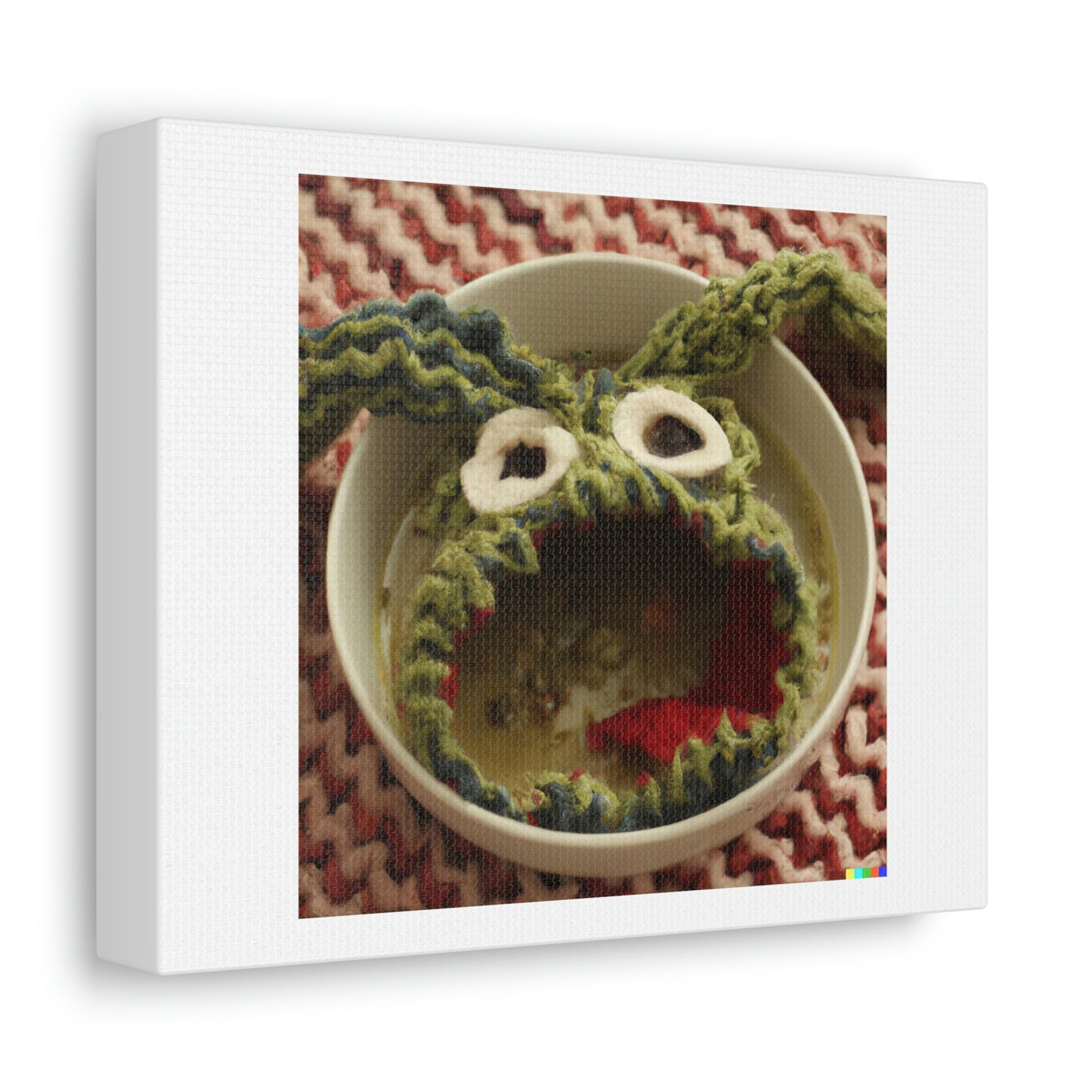 Bowl Of Soup That Looks Like A Woolen Knitted Monster Digital Art 'Designed by AI' on Satin Canvas