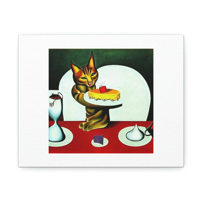 Cat Eating Cake Digital Art 'Designed by AI' on Satin Canvas, Stretched