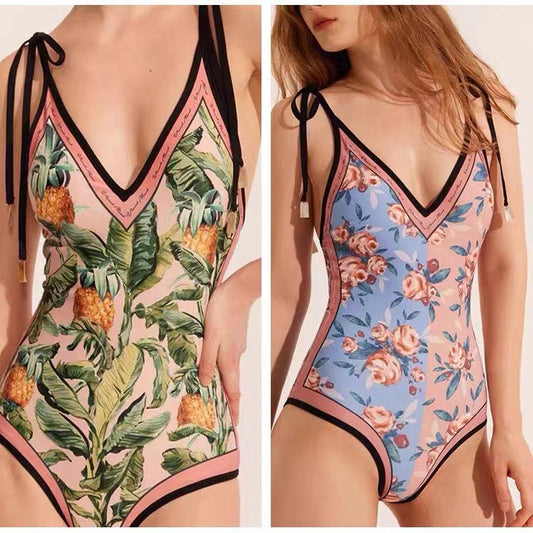 Vireous Backless Tropical Swimsuit and Swim Skirt