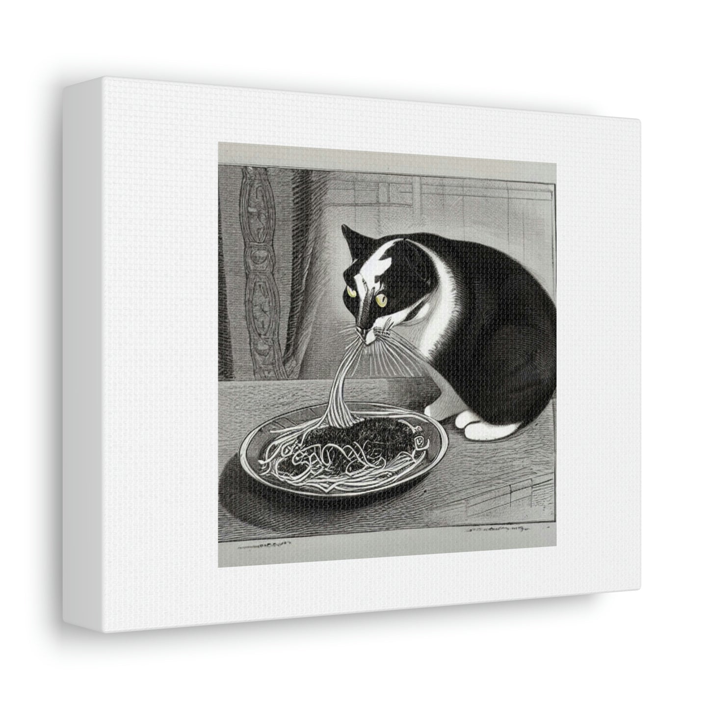 Cat Eating Spaghetti Digital Art 'Designed by AI' on Satin Canvas, Stretched